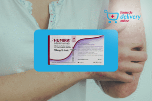 Medicamento Humira com pessoa com doença autoimune ao fundo