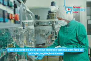Farmacêutica realizando testes em clínica + subtítulo