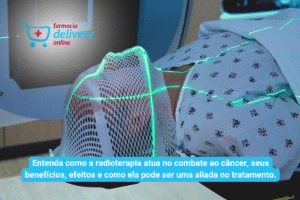Homem recebendo tratamento de radioterapia + subtítulo